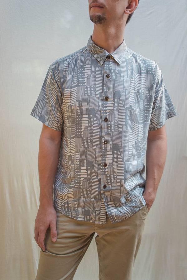 Davy Collar Shirt in City Print Mist Blue